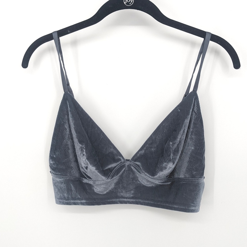 Victorias Secret Bralette Top Womens Large Blue Velour Ribbed Adjustable Cropped